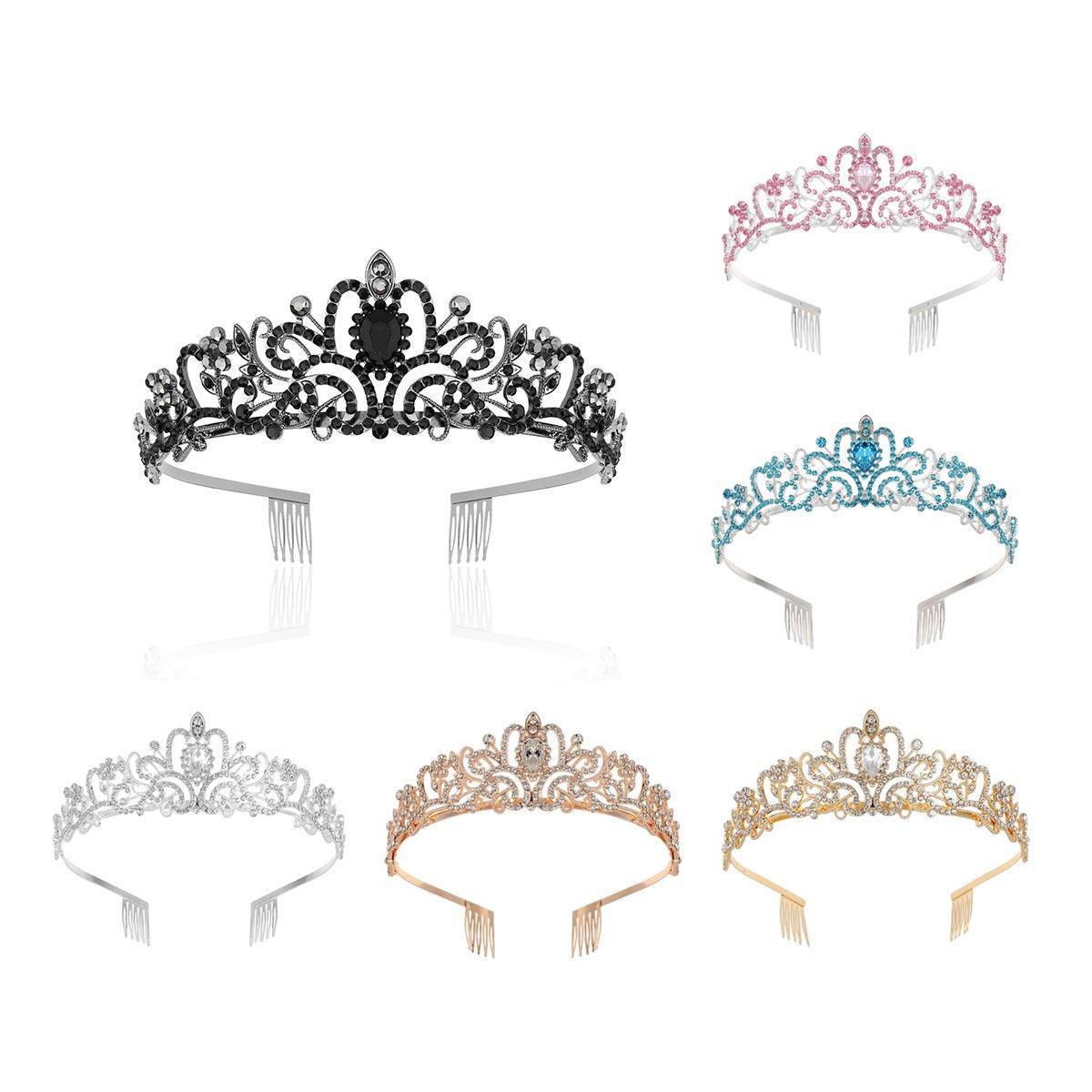 Princess Rhinestone Queen Hair Tiara Headband Hair Accessories Crystal Crown - Silver-Blue