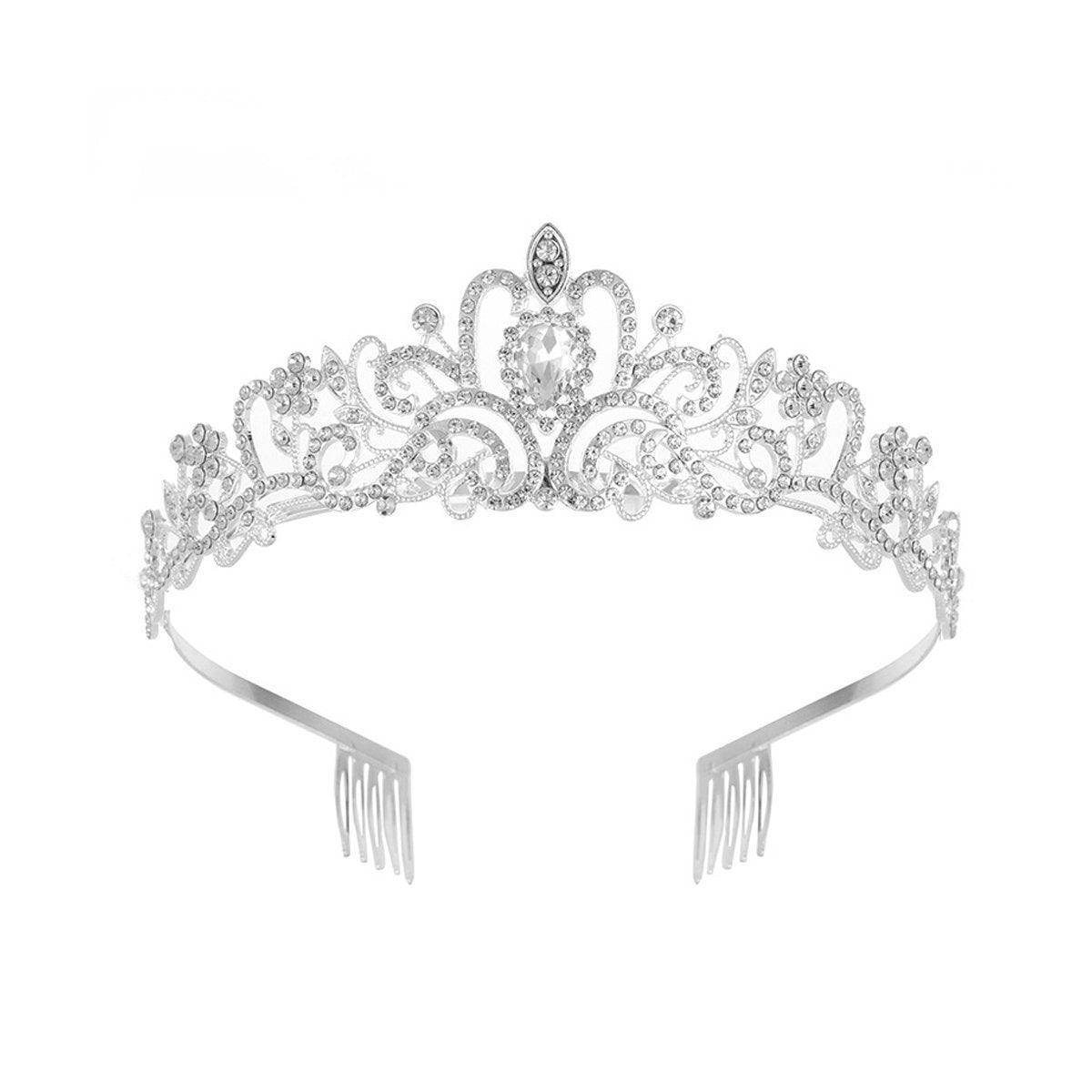 Princess Rhinestone Queen Hair Tiara Headband Hair Accessories Crystal Crown - Silver-Blue