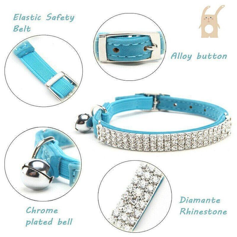 Suede Adjustable Pet Collar with Rhinestone for Cat Puppy 5 Colours Quick Release - Blue