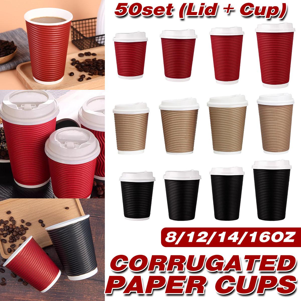 50sets Corrugated Paper Cups Coffee Milk Tea Cups Disposable Hot Drink Cups - Red-16oz