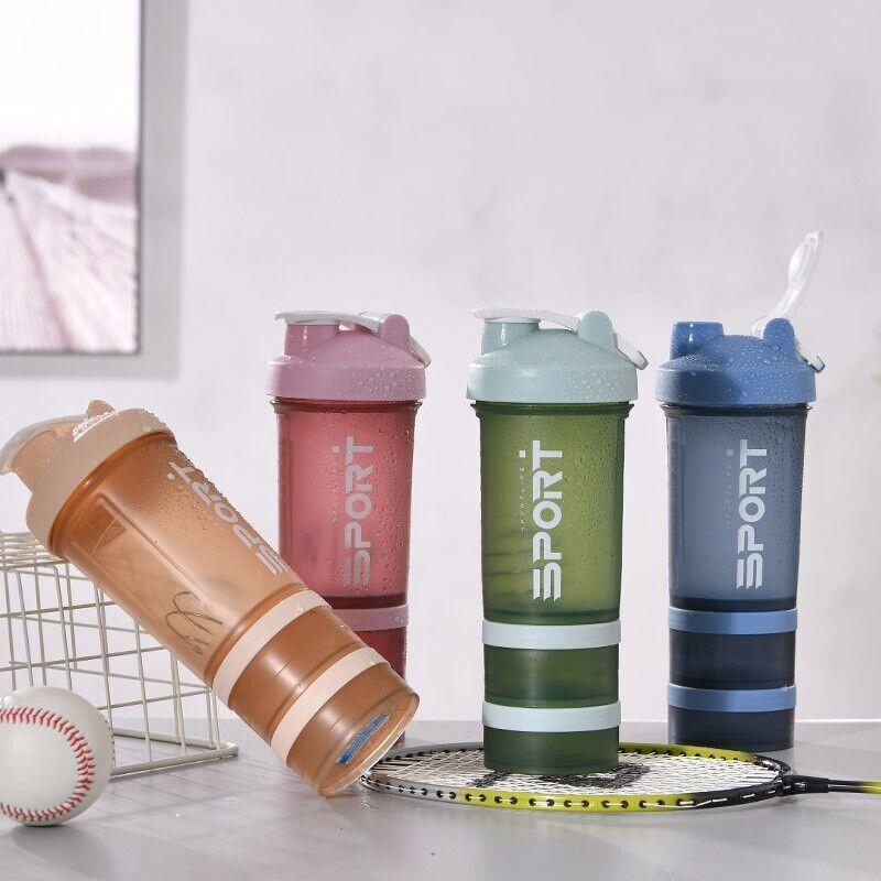 Powder Milkshake Drink Cup Sport Water Bottle 500Ml 3 Tier Protein Shaker Pill - Blue
