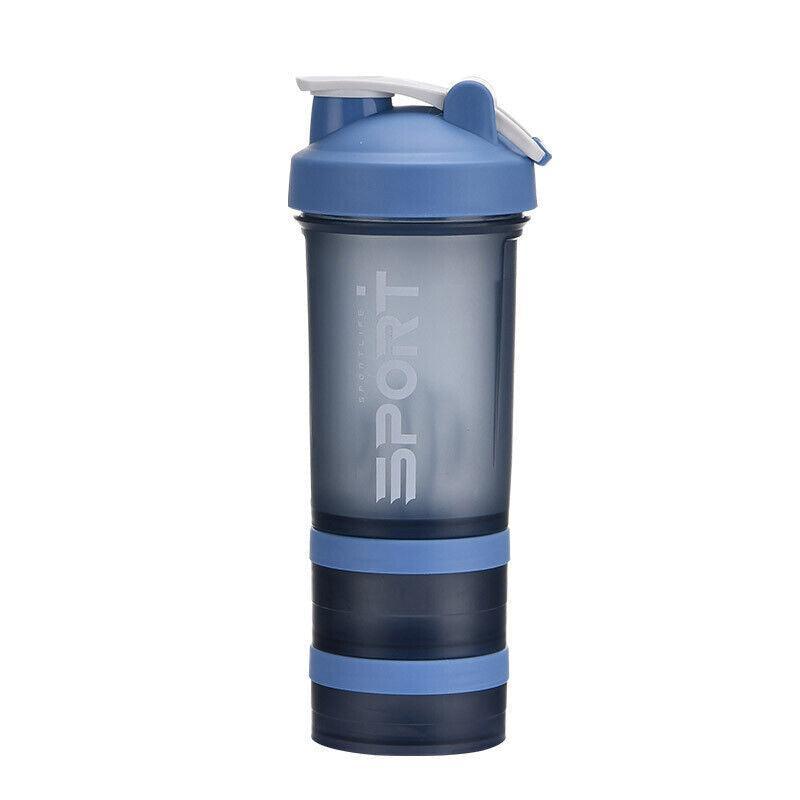 Powder Milkshake Drink Cup Sport Water Bottle 500Ml 3 Tier Protein Shaker Pill - Blue