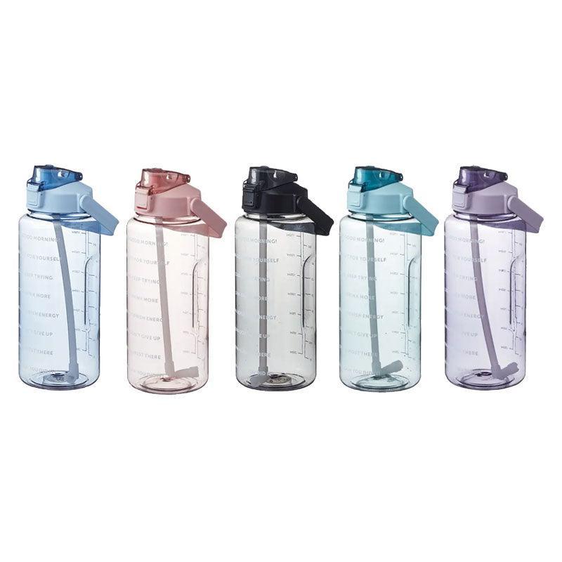 2L Water Bottle Straw Cup Motivational Drink Flask With Time Markings Sports Gym - Blue