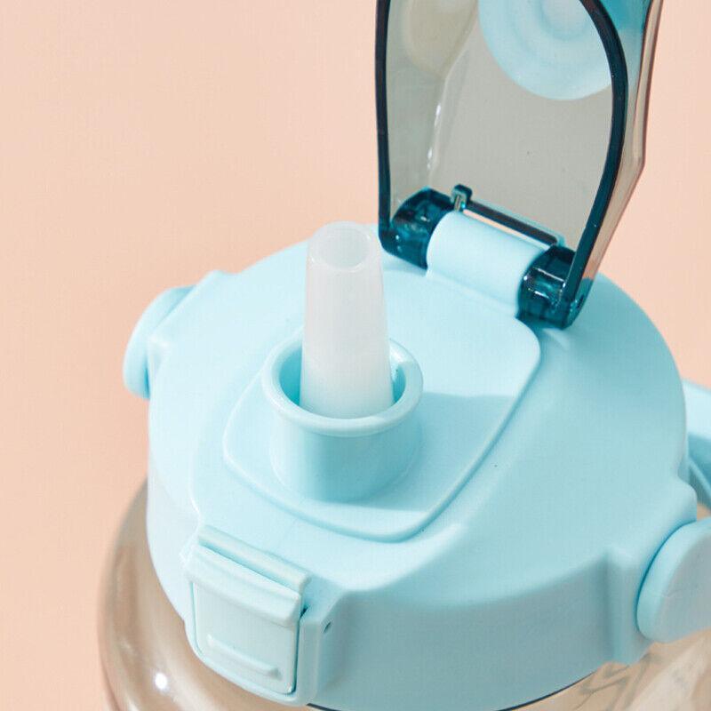 2L Water Bottle Straw Cup Motivational Drink Flask With Time Markings Sports Gym - Green