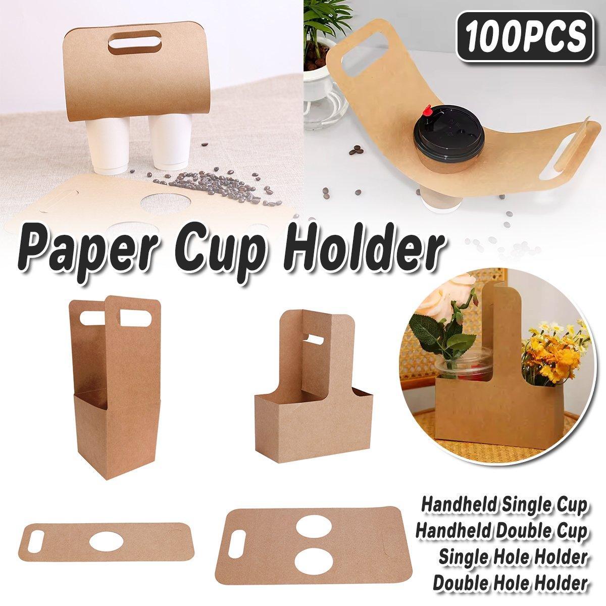 100pcs Kraft Paper Cup Holder Portable Coffee Drink Carrier Reusable Storage - Handheld Double Cup