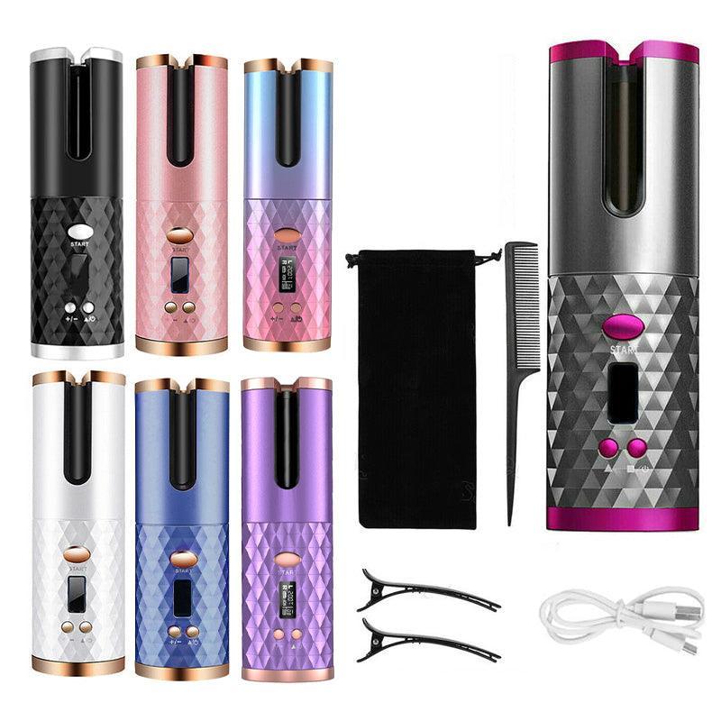 Lcd Cordless Auto Rotating Hair Curler Hair Waver Curling Iron Wireless Ceramic - Pink