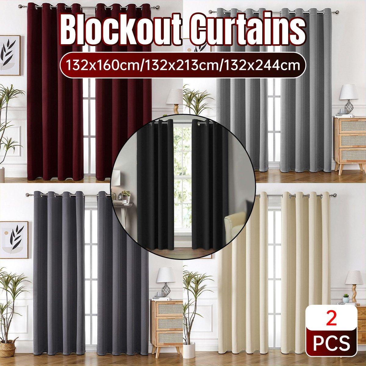 2pcs Semi Blackout Curtain Fabric Solid Colour Home Decor Drapes for Living Room - Black - 132x213cm