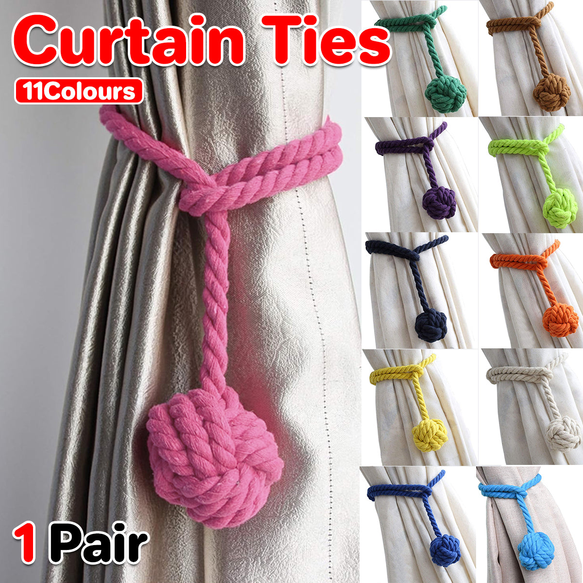 1pair Braided Cotton Curtain Tiebacks No Hole Curtain Holdbacks Hanging Balls - Navy