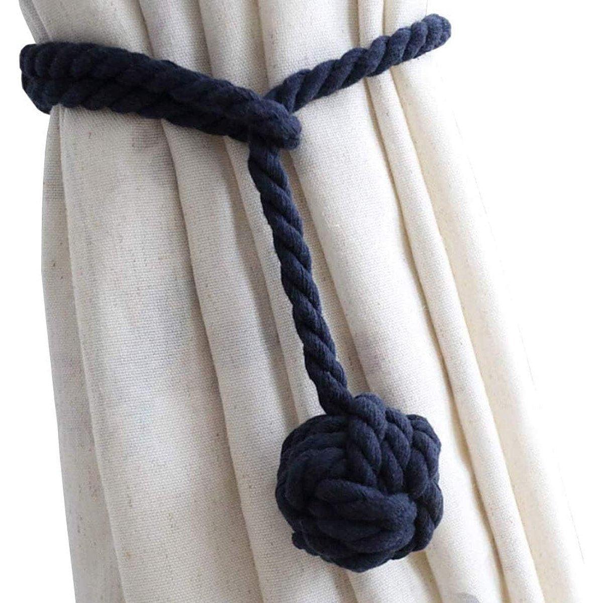1pair Braided Cotton Curtain Tiebacks No Hole Curtain Holdbacks Hanging Balls - Navy