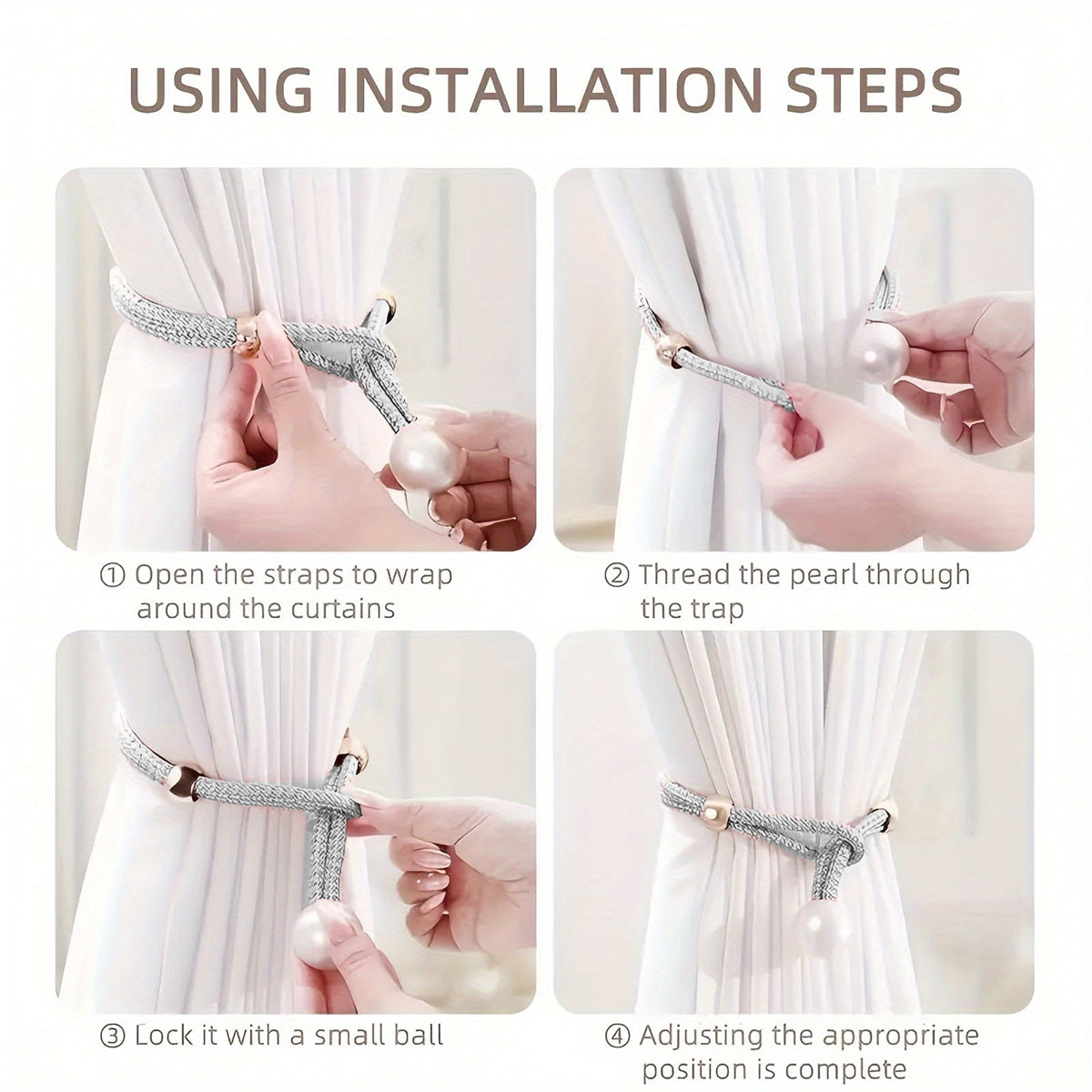 Curtain Tiebacks Pearl Strap Set 3 Pairs Decorative Buckle Holder Rings Hooks - Grey