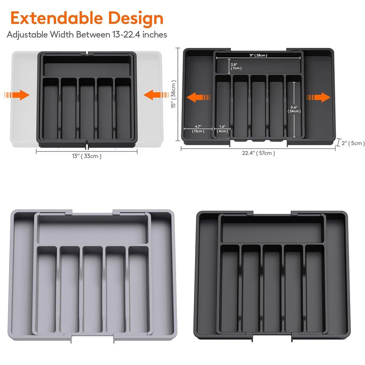 Extendable Cutlery Storage Box Household Portable Retractable Tray Organizer - Black