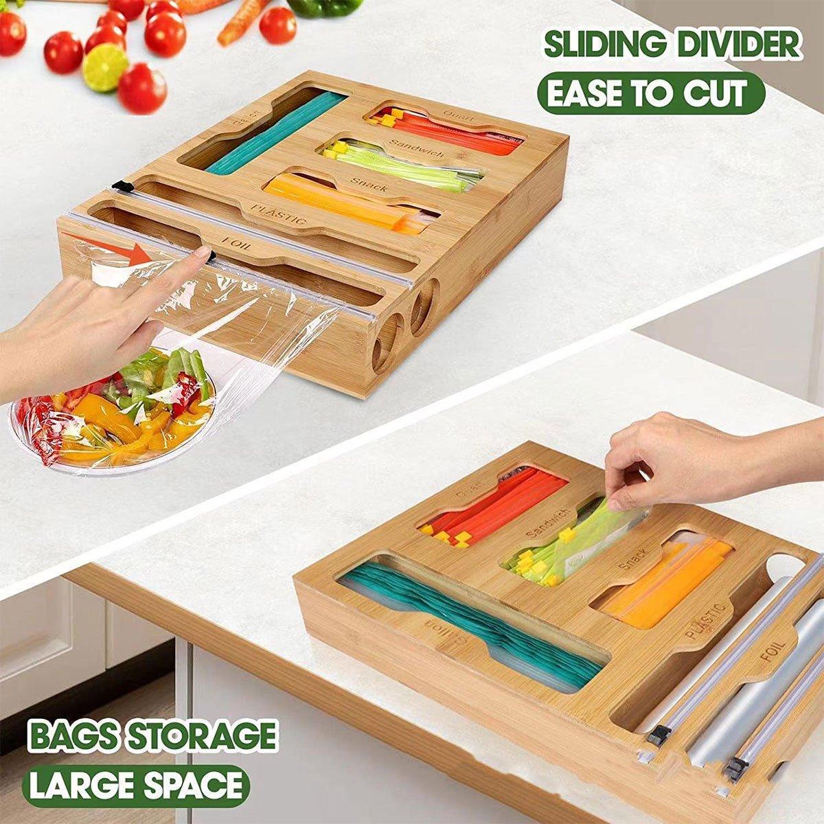 Bamboo Kitchen Storage Box for Plastic Wrap Tin Foil Paper Cutter with Lid