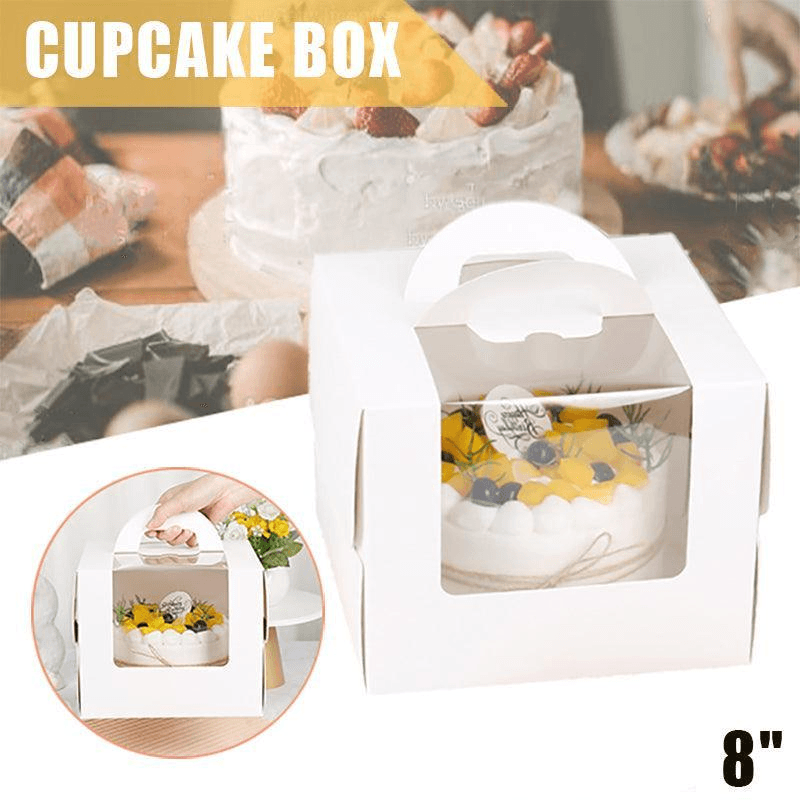 8 Inch Cake Box with Window Paper Packaging Box Handle for Party Wedding Bakery - 10PCS