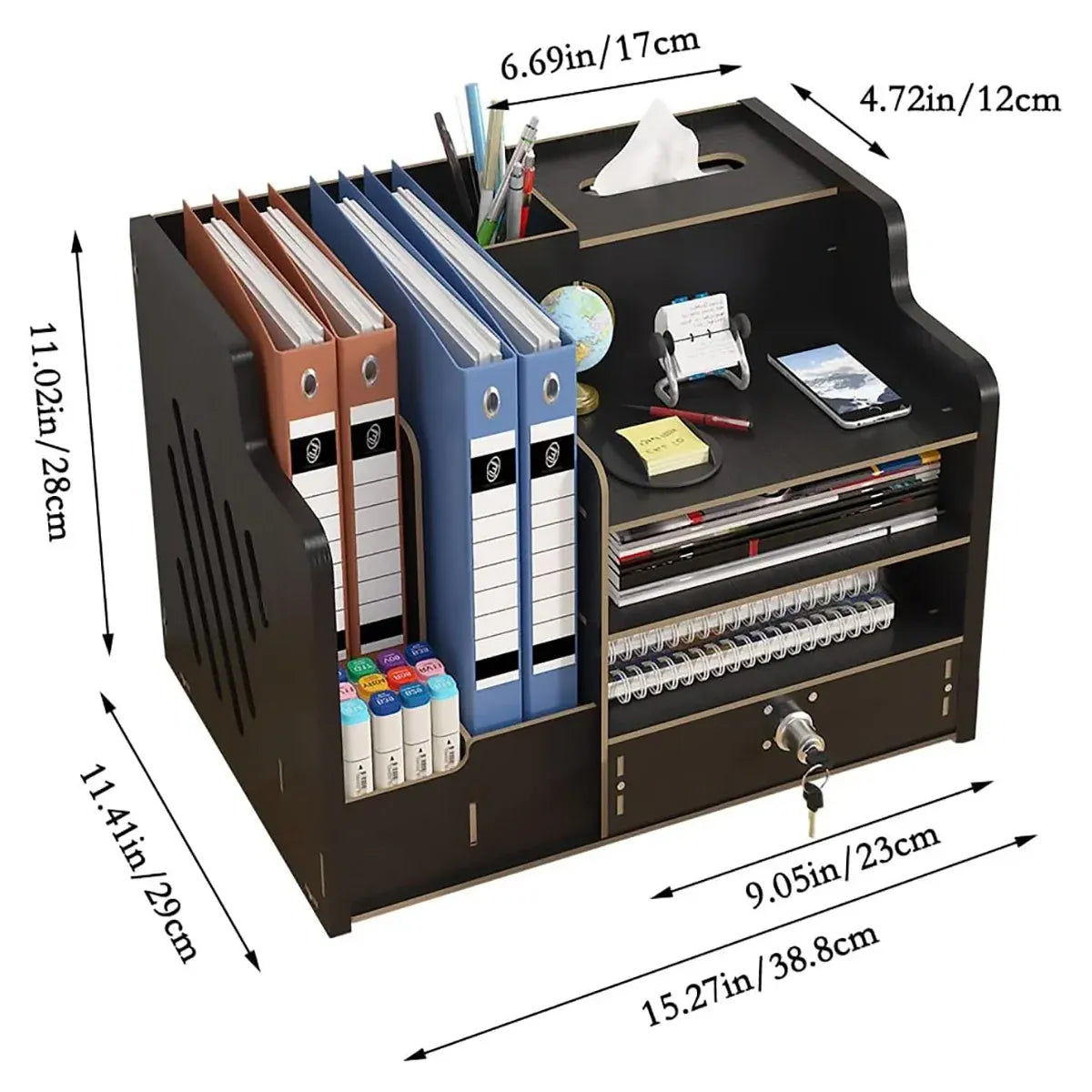 Wooden Desktop Storage Box with Locking Drawer Space Saving for Home Office Use - Black