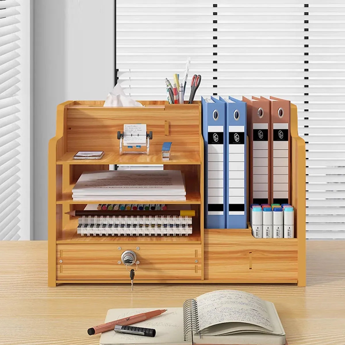 Wooden Desktop Storage Box with Locking Drawer Space Saving for Home Office Use - Black