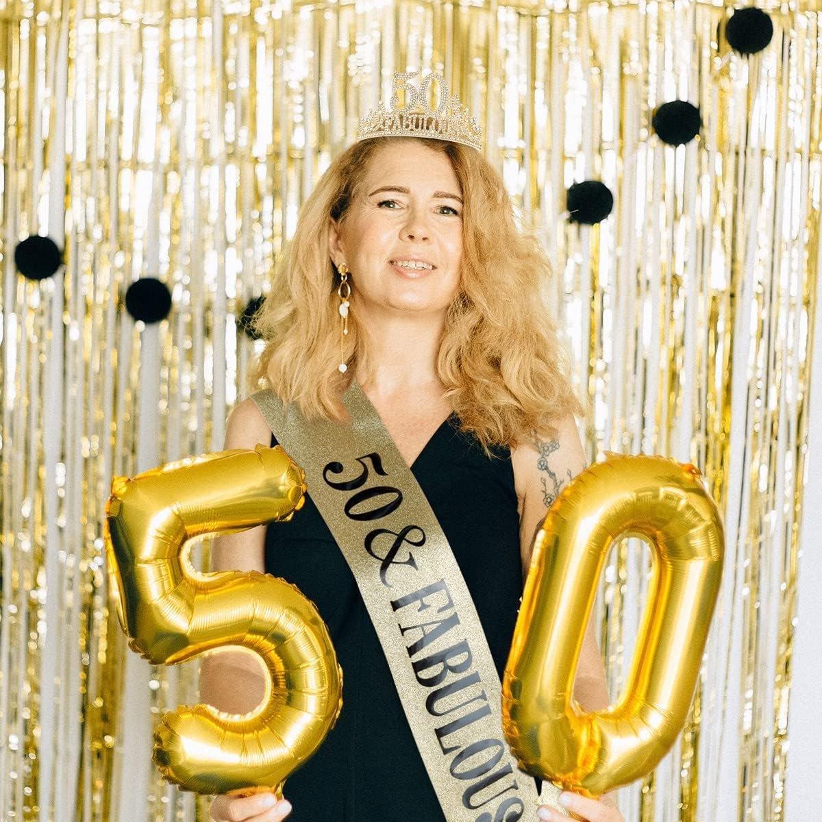 50th Birthday Gold Party Set Hairband Crown Sash Belt Ceremonial Accessory Kit