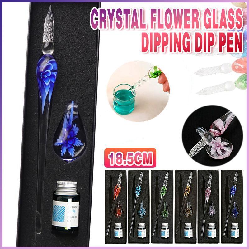 Crystal Flower Glass Dipping Dip Pen Writing Set Gift Pack Fountain Calligraphy - Orange