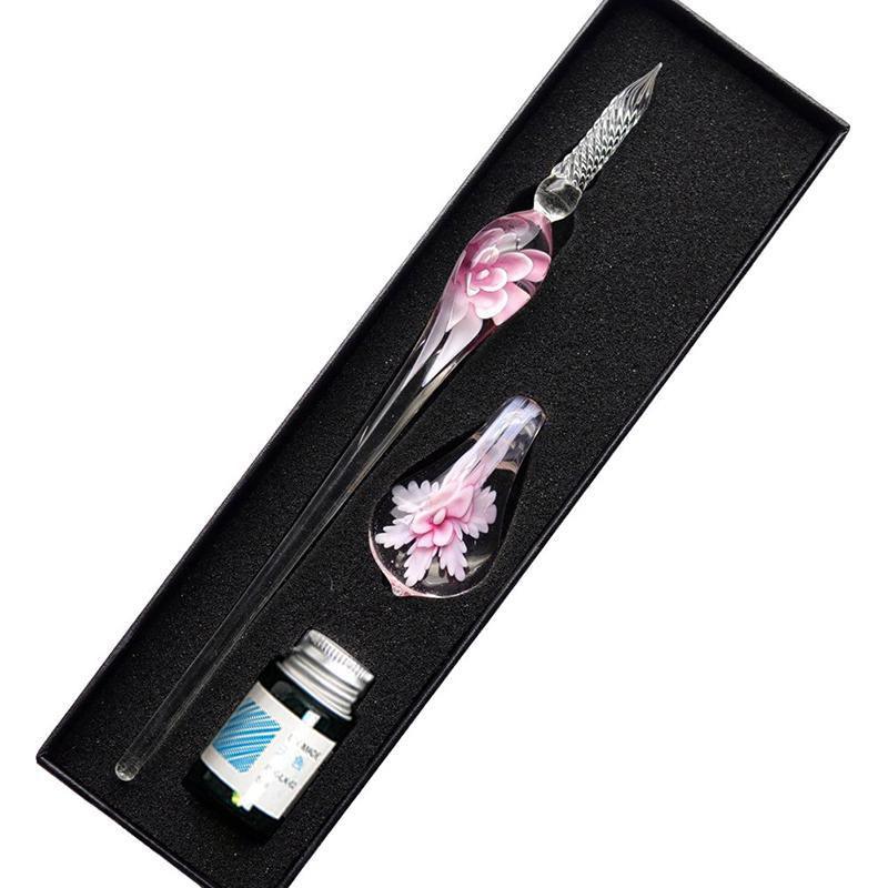 Crystal Flower Glass Dipping Dip Pen Writing Set Gift Pack Fountain Calligraphy - Sky Blue