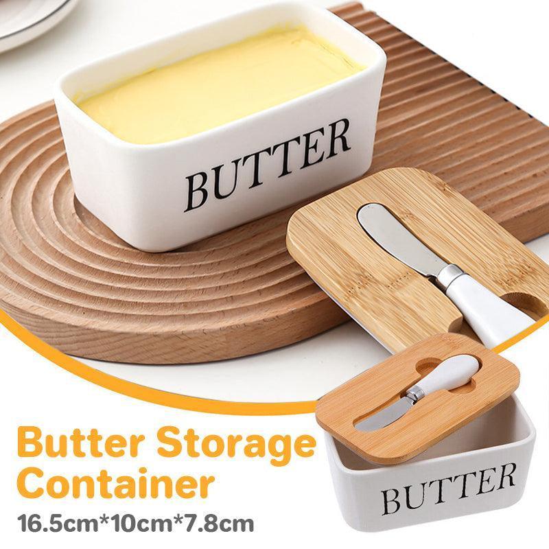 Ceramic Butter Dish Box Storage Tray Container W/ Bamboo Lid &amp; Butter Cutter