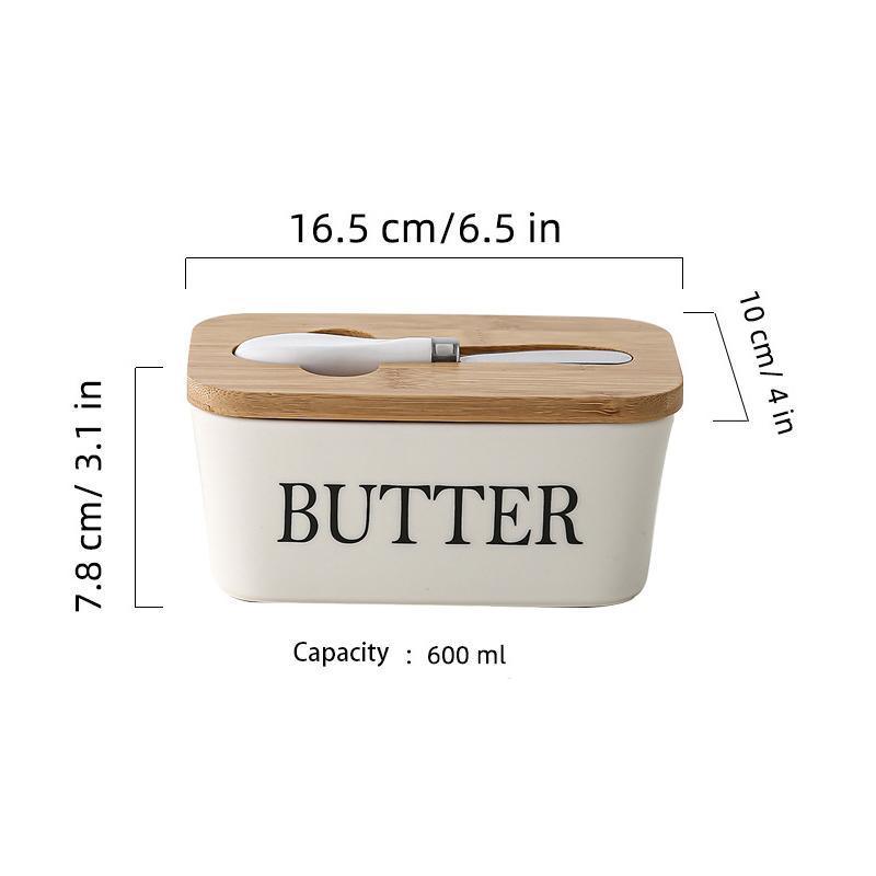 Ceramic Butter Dish Box Storage Tray Container W/ Bamboo Lid & Butter Cutter
