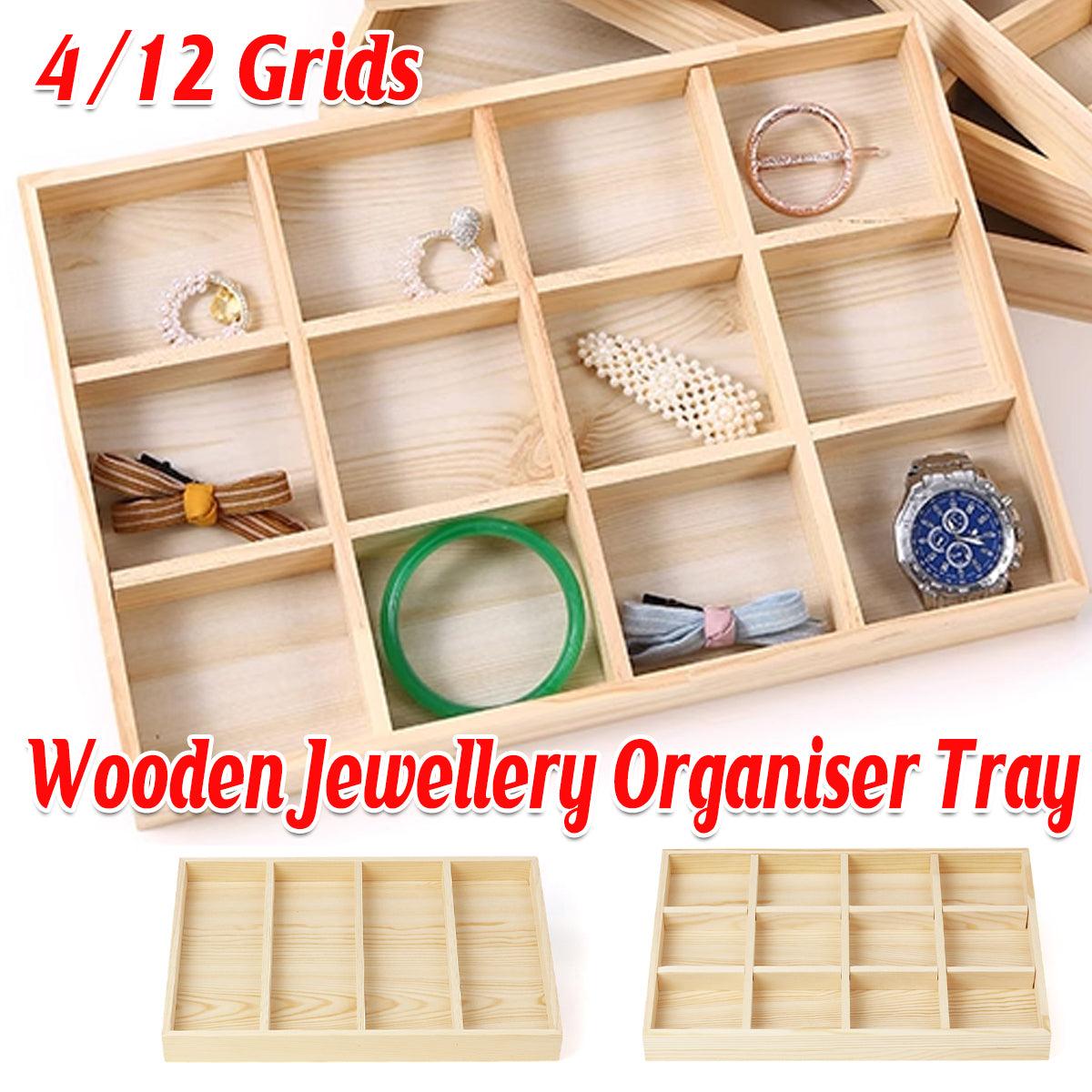 Wooden Jewellery Storage Box Display Tray Organizer for Rings Earrings Necklaces - Twelve Grids