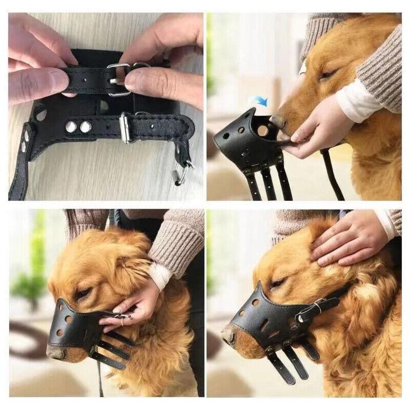 Adjustable Leather Pet Dog Mask Mouth Muzzle Anti Barking Bite Stop Chewing Brown - L