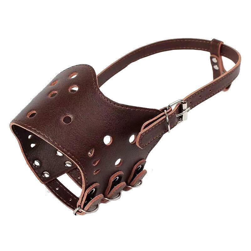Adjustable Leather Pet Dog Mask Mouth Muzzle Anti Barking Bite Stop Chewing Brown - S