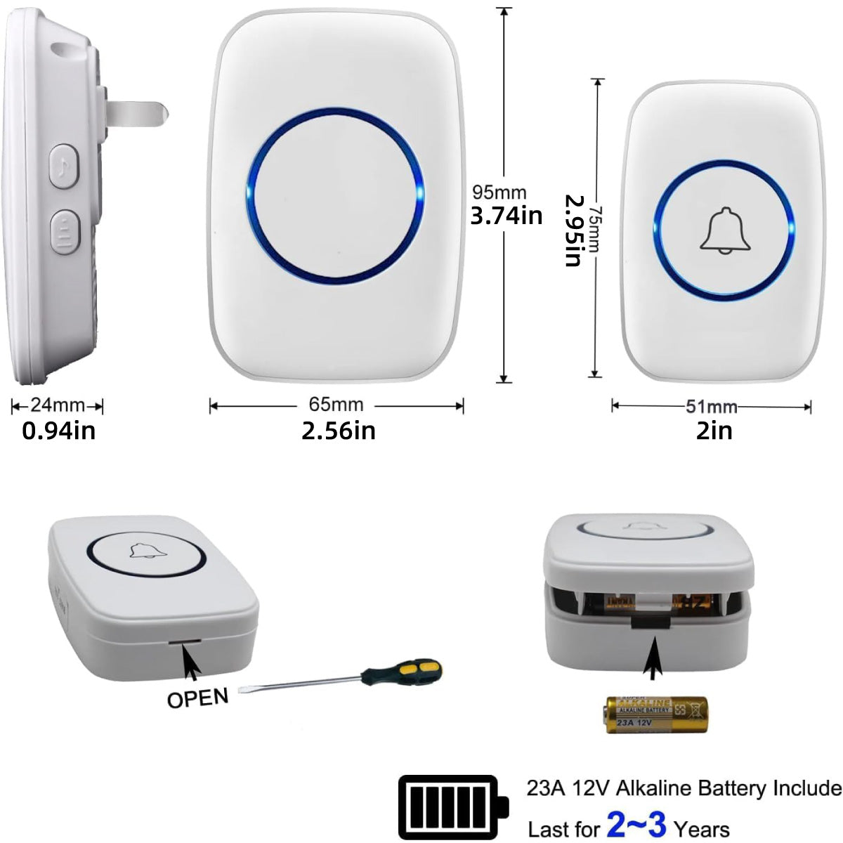 Wireless Doorbell Kit Home Call Button Remote Control White Waterproof Chime