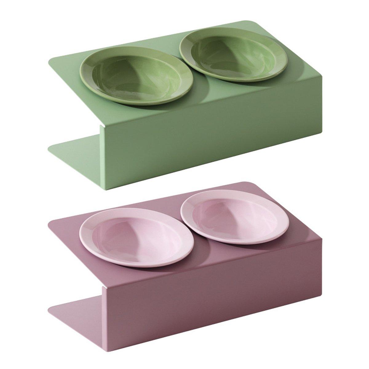 Ceramic Slanted Double Pet Bowl Cat Dog Food Water Bowl Non-Slip Feeding Dish - Green