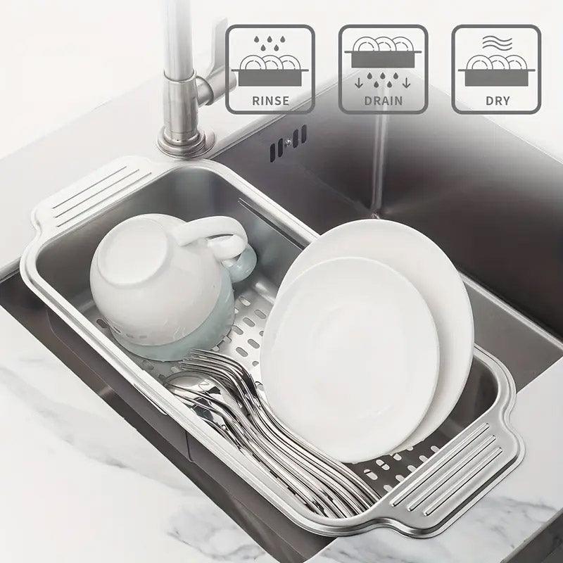 304 Stainless Steel Retractable Sink Drain Basket Kitchen Storage Rack Adjustable