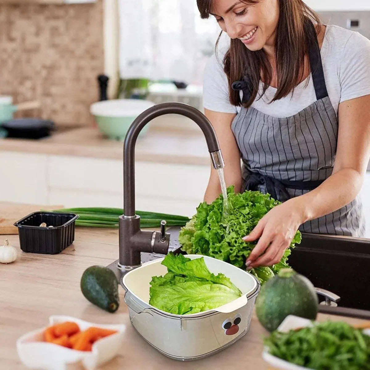 2 in 1 Cute Double Draining Fruit Basket Dishwashing Colander for Household - Green