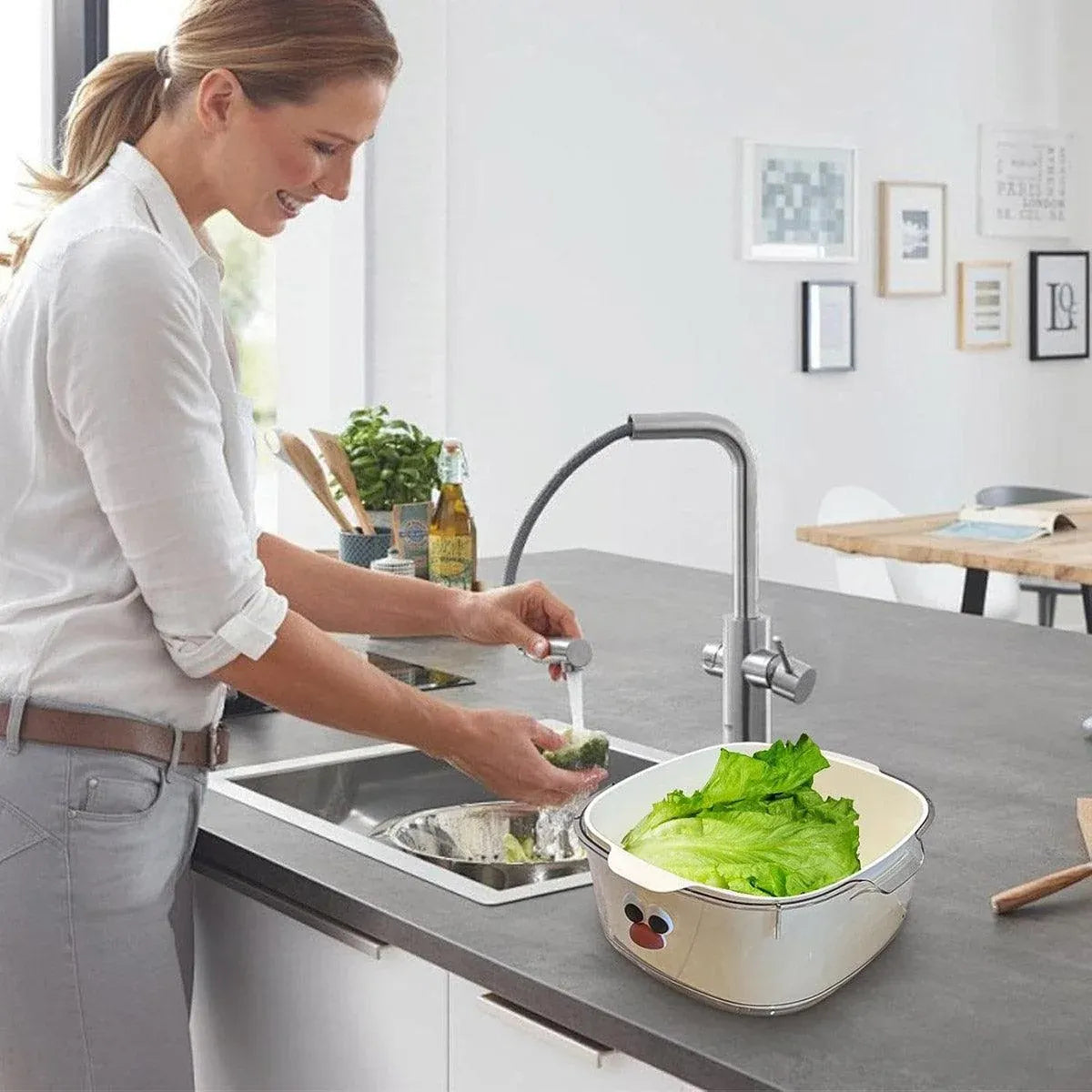 2 in 1 Cute Double Draining Fruit Basket Dishwashing Colander for Household - White