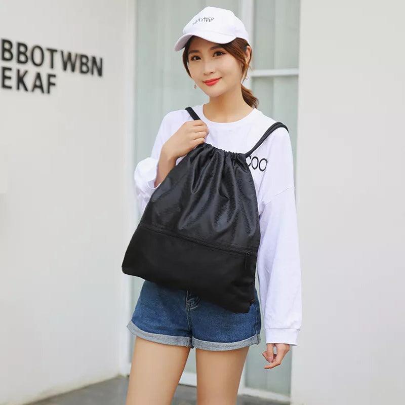 Backpack Sport Pack String Tote Gym Bag Cinch Sack School Drawstring Capacity - Black