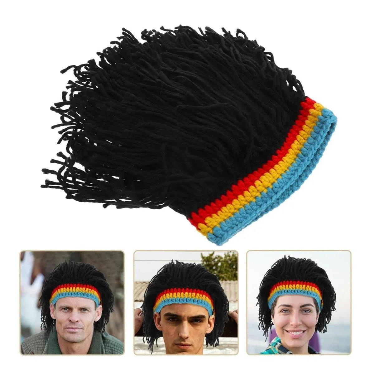 1-Piece Black Knitted Novelty Wig Hat