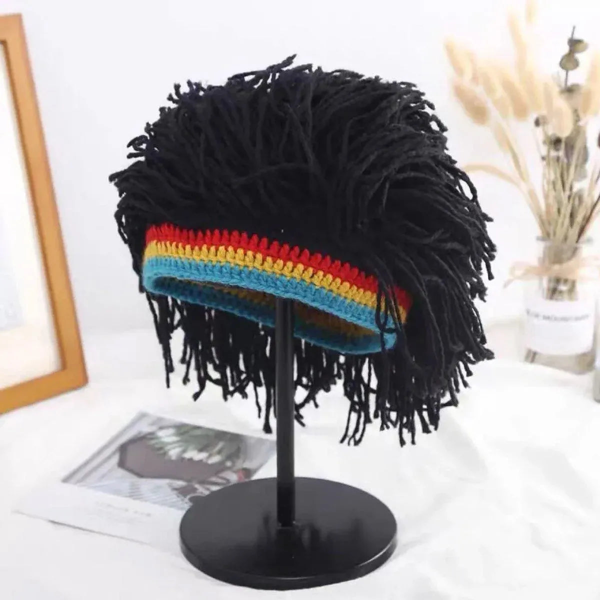 1-Piece Black Knitted Novelty Wig Hat