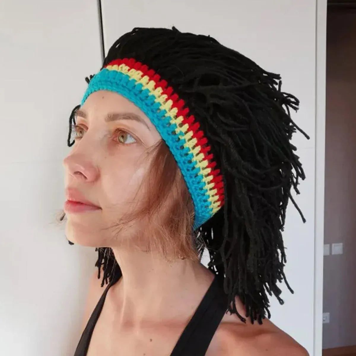 1-Piece Black Knitted Novelty Wig Hat