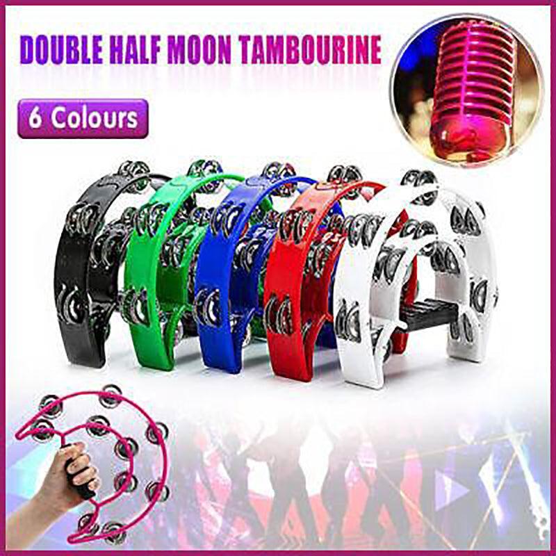 Double Half Moon Tambourine Handheld Musical Percussion Instrument Bell Drum - Pink