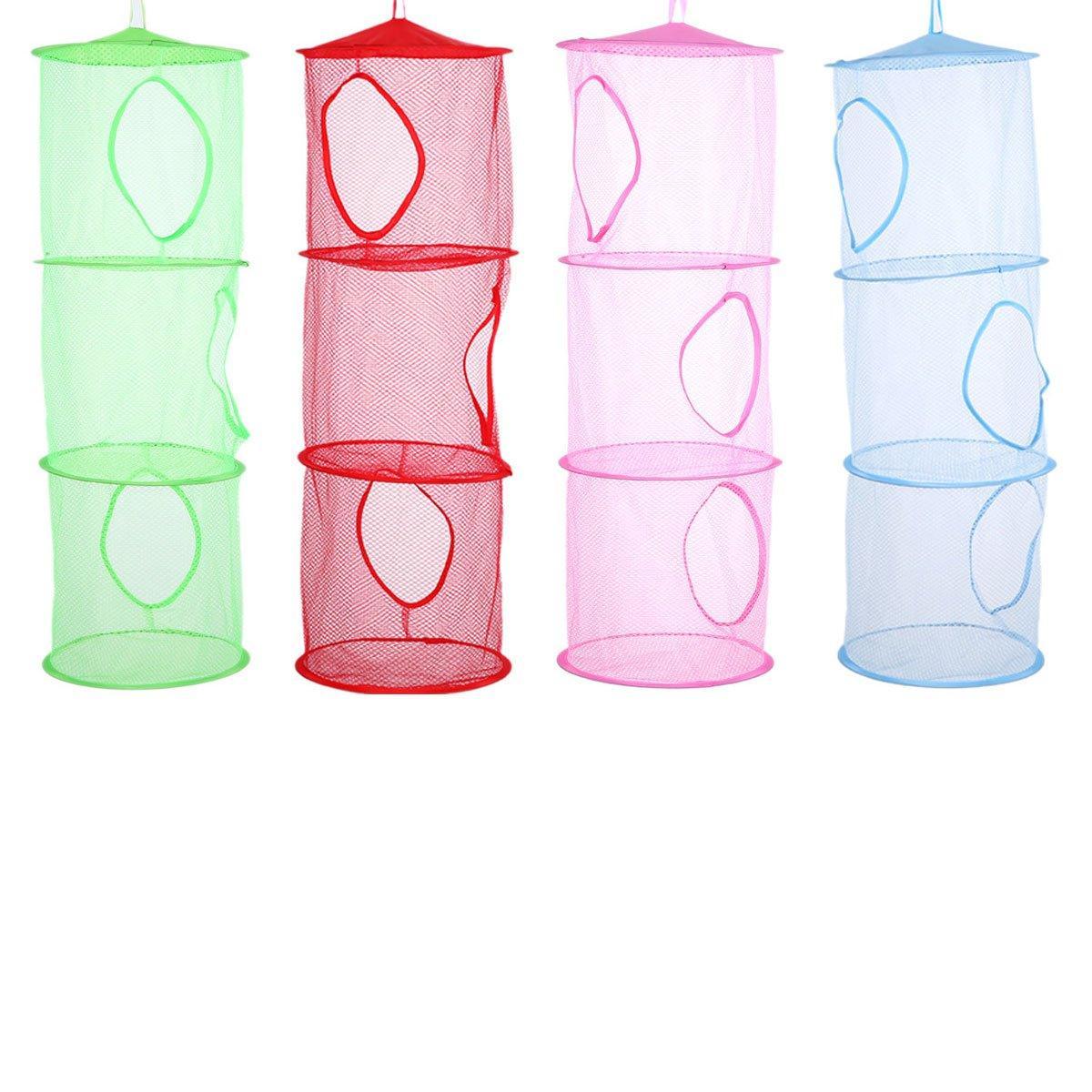 Foldable Clothes Drying Basket Three-layer Hanging Storage Breathable Organizer - Red