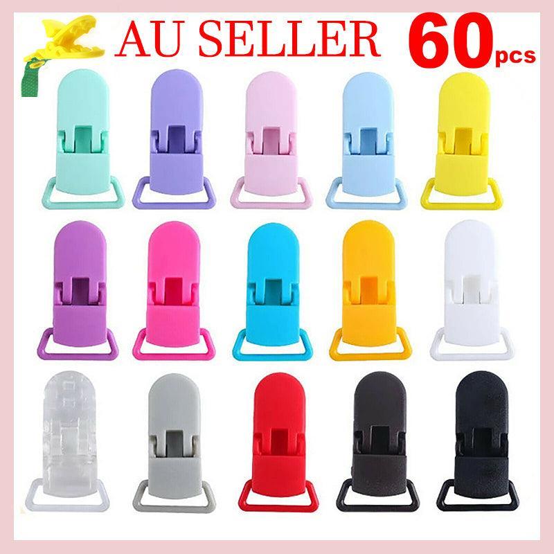 60 Random Colored Plastic Pacifier Dummy Clip Suspender Badge Holder for Crafts
