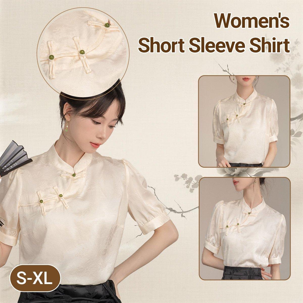 Women Satin Short Sleeve Blouse Chinese Button Top New Fashion Shirt Ladies - S