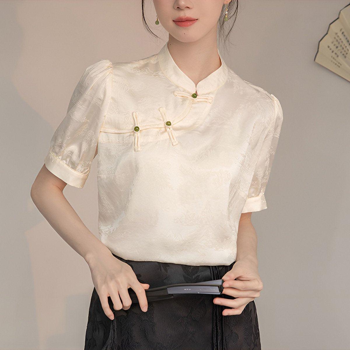 Women Satin Short Sleeve Blouse Chinese Button Top New Fashion Shirt Ladies - S