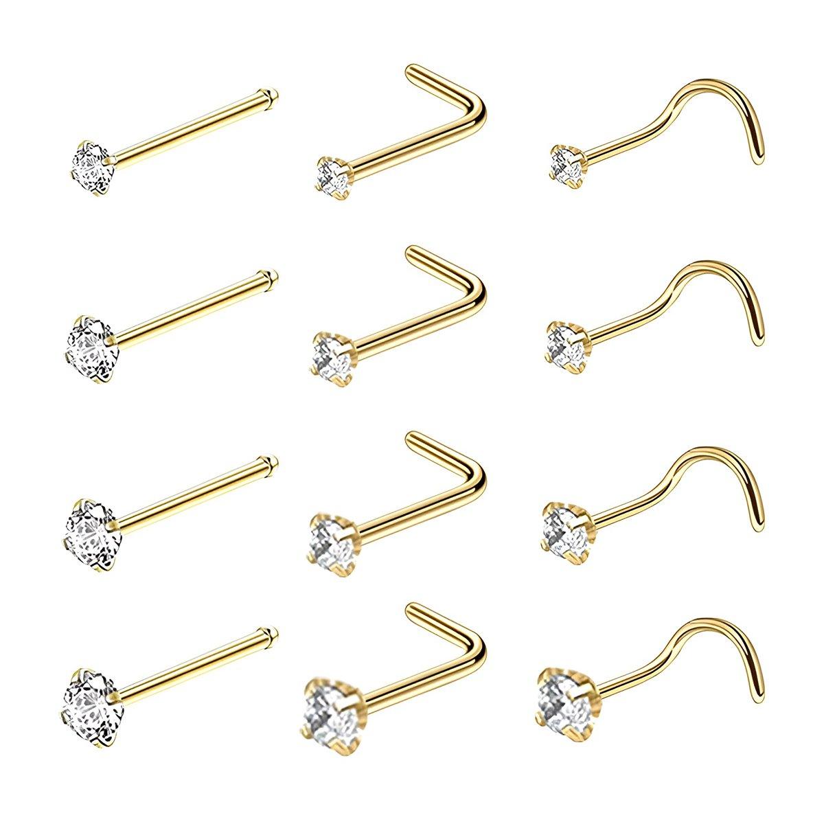 Stainless Steel Nosepiece with Gold Nose Stud Stylish Piercing Jewellery Women - S-Shaped Rod-1.5mm