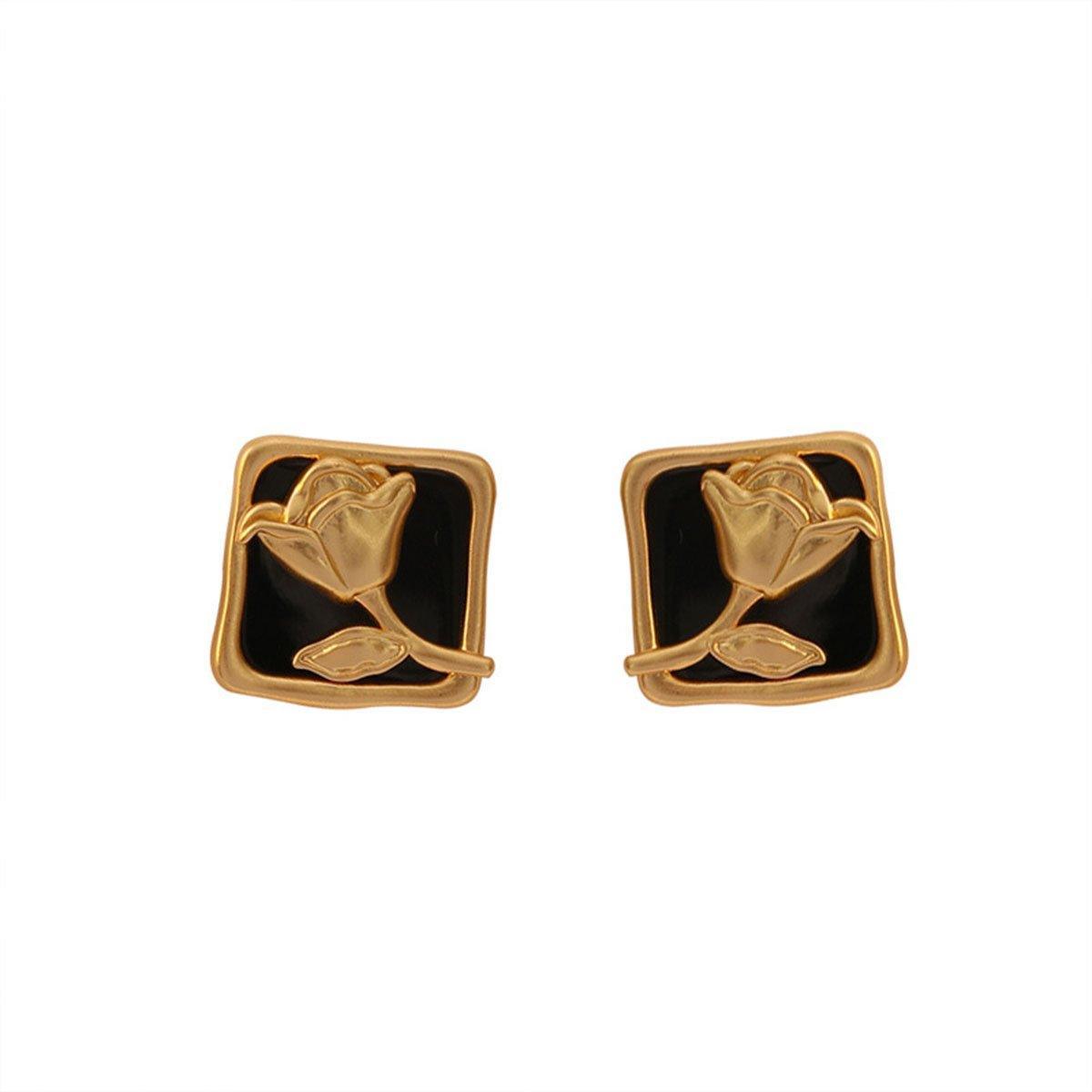 Vintage Matte Black Rose Square Stud Earrings Elegant Fashion Jewelry Women