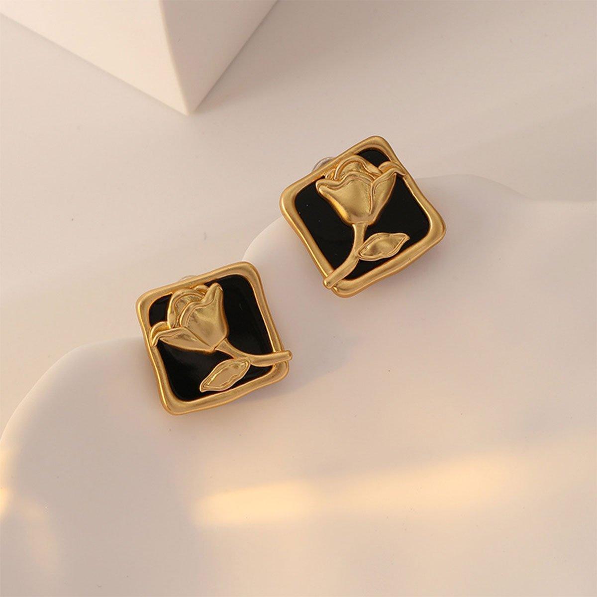 Vintage Matte Black Rose Square Stud Earrings Elegant Fashion Jewelry Women