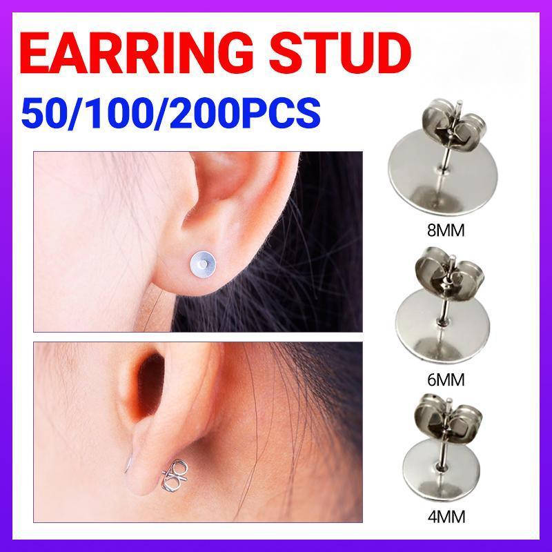 50/100/200PCS Earring Stud Posts Pads+Nut Backs Silvery Surgical Steel DIY Craft 6MM - 50PCS (50xpads&amp;50xbacks)