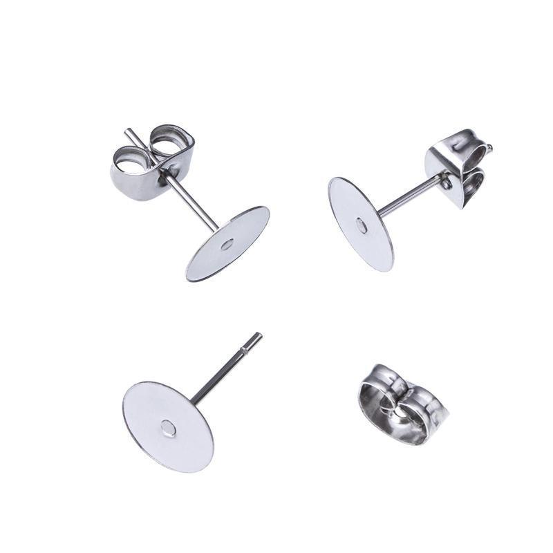 50/100/200PCS Earring Stud Posts Pads+Nut Backs Silvery Surgical Steel DIY Craft 6MM - 50PCS (50xpads&50xbacks)