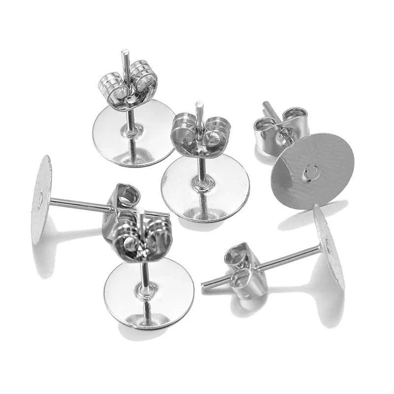 50/100/200PCS Earring Stud Posts Pads+Nut Backs Silvery Surgical Steel DIY Craft 6MM - 50PCS (50xpads&50xbacks)