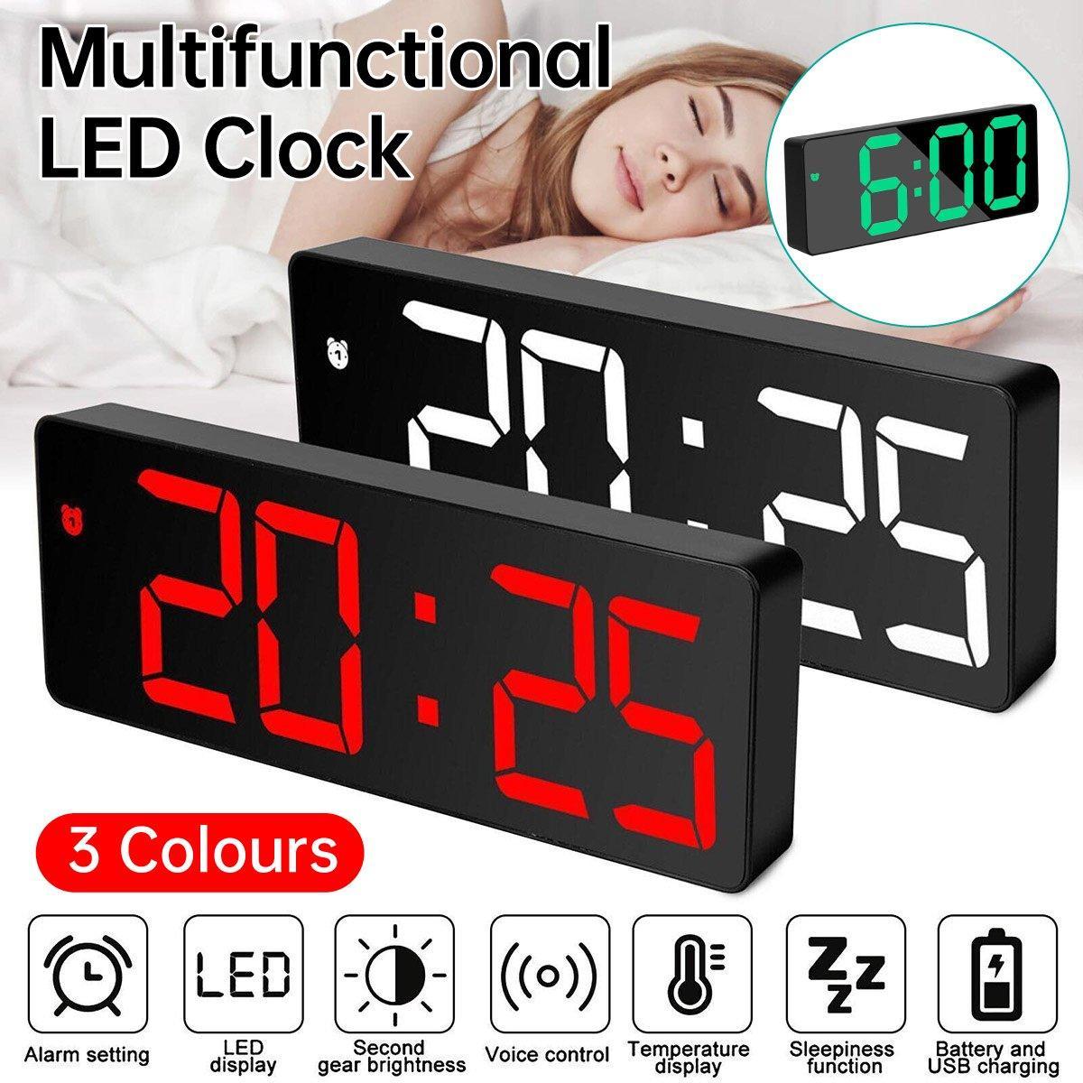 LED Digital Alarm Clock Large Display Dual Power Options Home Office Decor - White