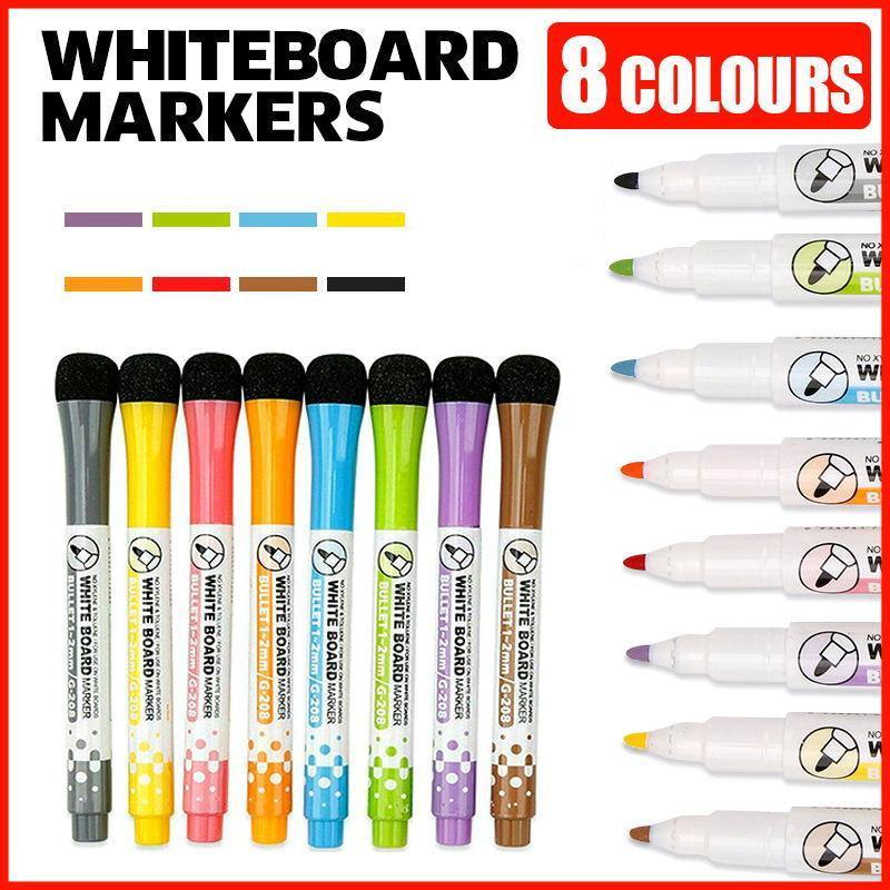 8 Colours Dry Erase Whiteboard Markers Set with Built-in Eraser Tips
