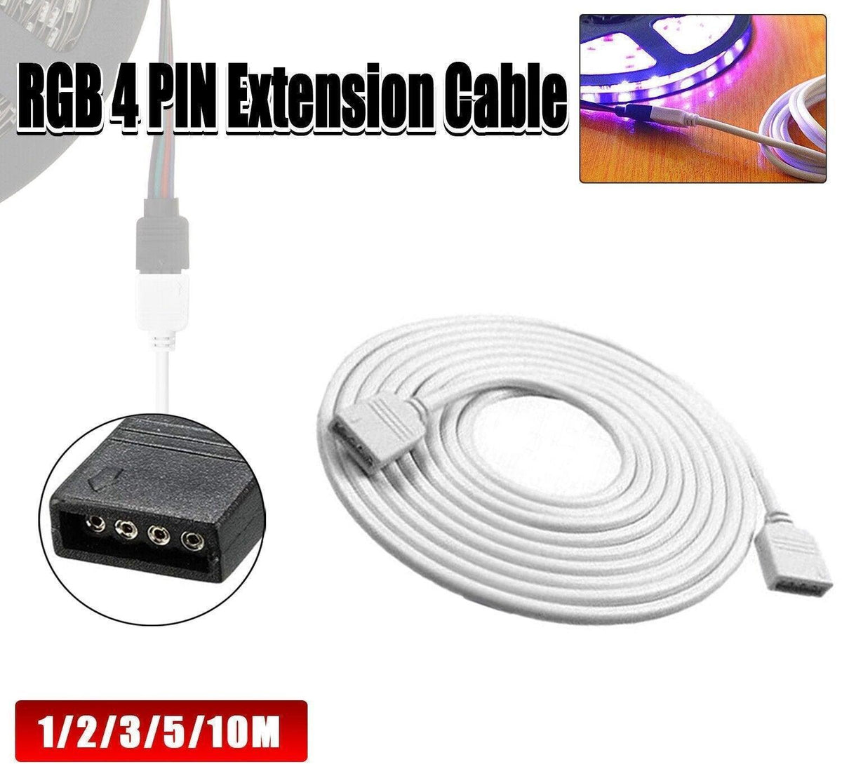 1-10M White LED RGB Light Strip Extension Cord Cable Lead Connector 4 Pin - 10M